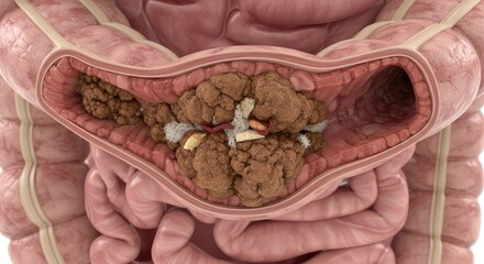 Cross section of the human colon showing impacted fecal matter and gallstones
