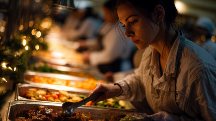 Volunteer Serving Hot Christmas Meals at a Community Charity Event