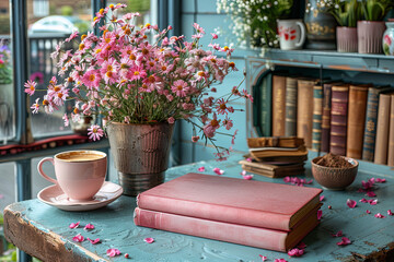 Coffee and Pink Books with Flowers in a Vintage Library