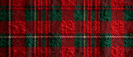 Red and green tartan fabric pattern with woven texture  