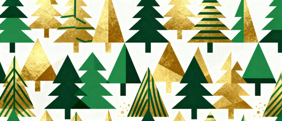 Green and gold Christmas trees in festive pattern design  