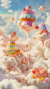 Sweet magical ice creams float among cotton candy clouds in a pastel colored sky