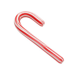 A single, pristine red and white spiraling candy cane, ultra-glossy J-shape, sharply focused on a brilliant white background with ample copy space, elegant holiday festivity concept