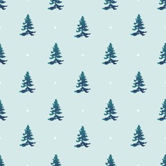 Christmas Trees Seamless Pattern Background, Seamless holiday pattern, background for wrapping paper, textile, greeting cards; pine trees, pastel blue colors