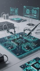 Robotic arms on a glowing circuit board