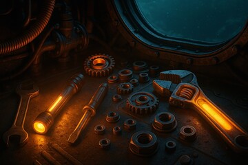 Futuristic glowing tools on a high-tech circuit board