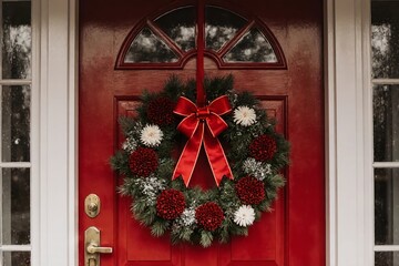 A stunning Christmas wreath with red and white flowers and a large satin bow, beautifully contrasting with the vibrant red front door.