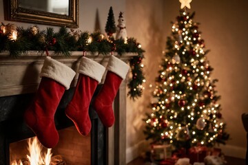 Stockings hung by the chimney with care. The room is glowing with the warmth of the fire and the lights of the Christmas tree.