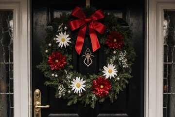 A beautiful, festive Christmas wreath with a large red bow, red and white flowers, and a golden spider ornament hanging on a black door.