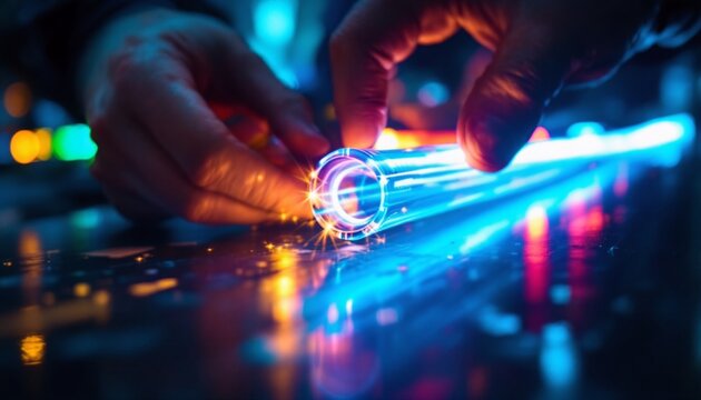 Hands holding glowing fiber optic cables photograph.