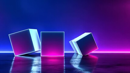 Three neon cubes rotate on a reflective surface, illuminated by vibrant blue and purple lights, creating a dynamic and futuristic scene - Powered by Adobe