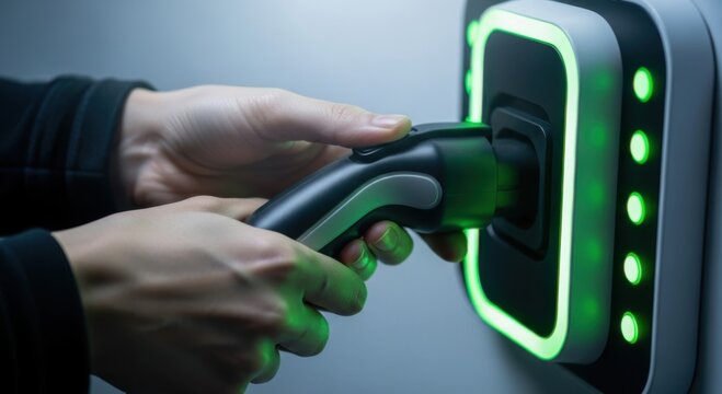 Hands plugging in electric car charger to charging station with green light — ideal for electric car, ecology and future content. - Powered by Adobe