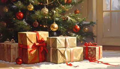 A festive scene shows a decorated evergreen tree and wrapped gifts, suggesting holiday cheer. Sunlight streams in