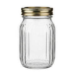 Empty transparent glass jar with golden lid and ribbed design