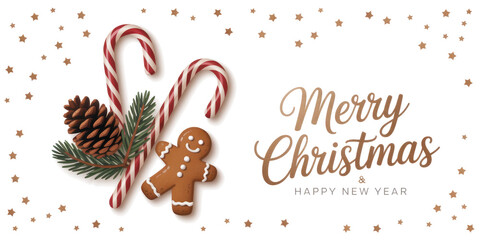 Christmas composition with fir tree branches and holiday ornamen