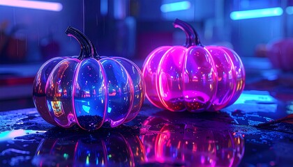 Abstract composition of glowing neon pumpkins mirrored on glossy surface