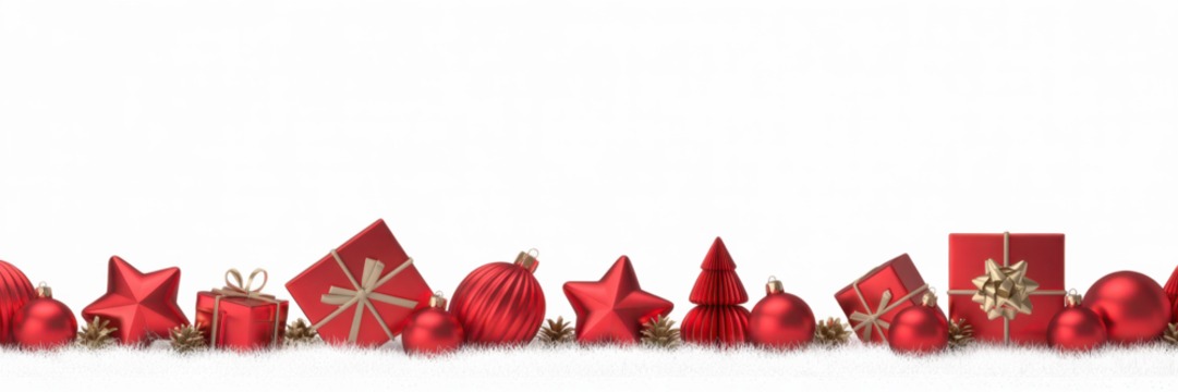 Red christmas balls with xmas present gift boxes in a row isolated on snow, Christmas banner
