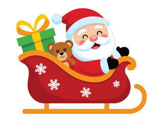 Santa Claus and a teddy bear ride in a sleigh with a gift.
