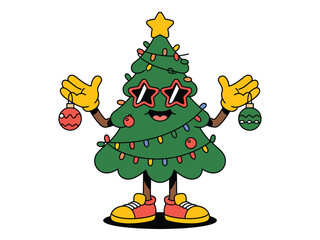 A cheerful cartoon Christmas tree wearing sunglasses and holding ornaments, ready for the holidays.