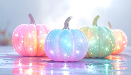 Close-up glowing pastel pumpkins with neon light reflections