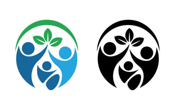 Abstract circular logo featuring stylized figures and a growing plant, representing community and nature.