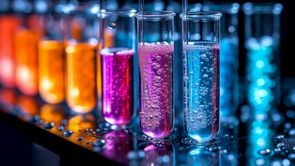 Science of Colors in Laboratory: A vibrant array of test tubes, each filled with a unique, colorful liquid, stands in a laboratory setting, a visual symphony of chemical science and experimentation. - Powered by Adobe