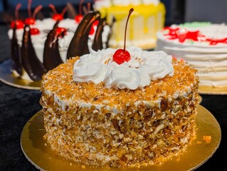Nut-Crusted Layer Cake with Whipped Cream and Cherry
