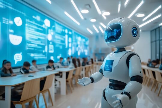 Robot teacher standing in a modern smart classroom