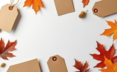 Kraft paper tags autumn leaves festive border fall maple