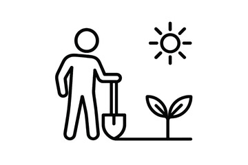 Minimal black park vector showing human with shovel and plant, representing eco activity, gardening, and healthy outdoor lifestyle.