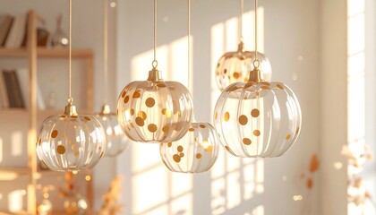 Close-up of hanging glass pumpkins with golden dotted design and warm lighting