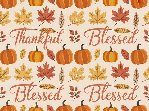 Autumn pattern with pumpkins, fall leaves, and thankful blessed text