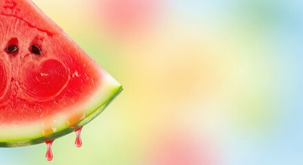 Fresh Watermelon Slice with Drip on Abstract Pastel Background