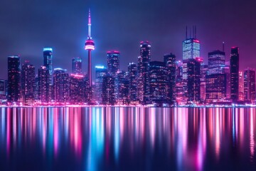 Fototapeta premium Toronto skyline reflecting neon lights at night