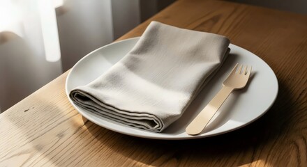 Linen napkin paired with wooden fork for minimalist sustainable dining and lifestyle design
