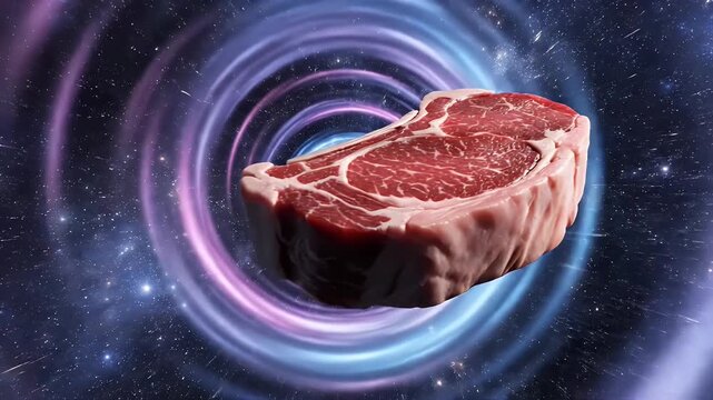 Beef steak floating in outer space animate