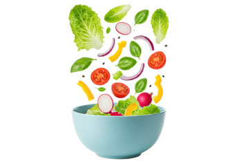 Vibrant salad: lettuce, tomatoes, onion, radishes, pepper, basil, tossing into pastel blue bowl on white, shadowless, high-speed. Fresh food vitality