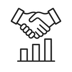 Thin black vector icon of a handshake above a chart, symbolizing partnership, teamwork, and business collaboration success.