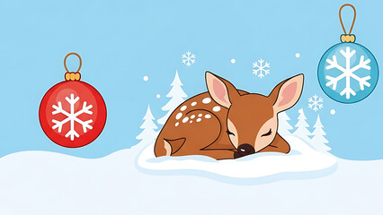 Cute cartoon reindeer sleeping before Christmas on the snow with fir trees and red and blue Christmas tree balls isolated.