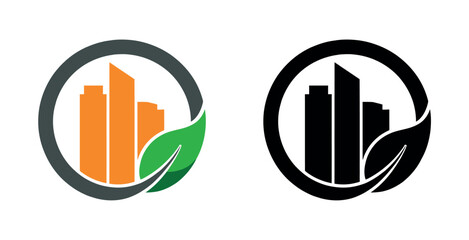 Abstract graphic logo representing sustainable urban development with buildings and a leaf.