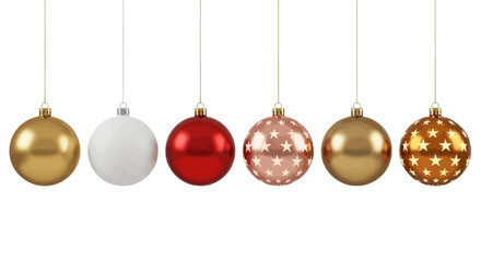 A festive collection of six diverse hanging Christmas ornaments, featuring shimmering gold, classic white, vibrant red, and patterned rose gold baubles, ideal for holiday designs