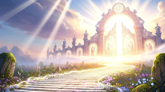 Ascending staircase leading to enlightenment and paradise, a spiritual journey