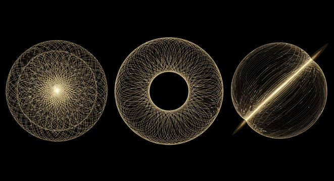 A collection of three abstract digital pixel graph objects, featuring a golden wireframe sphere, torus, and intricate radial pattern on a dark background