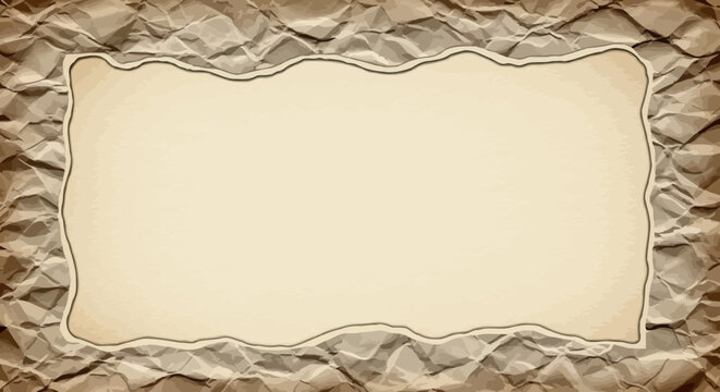 A blank vintage parchment frame with irregular torn edges set against a dark, heavily crumpled brown paper background, an ideal vector template