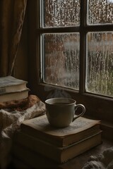 Moody photograph of a steaming mug on books by a rainy window.