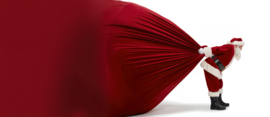 Santa Claus pulling huge bag of presents isiolated on white background with copy space
