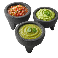 Three dark gray molcajete bowls with chunky red tomato salsa, vibrant green tomatillo salsa, and creamy avocado guacamole, on white background with copy space. Appetizing Mexican food photography