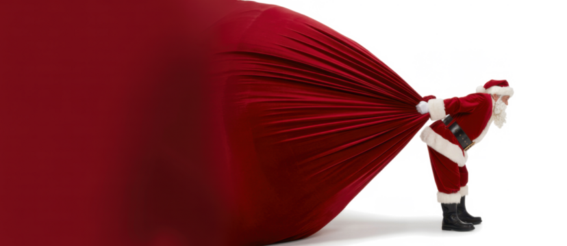 Santa Claus pulling huge bag of presents isiolated on white background with copy space
