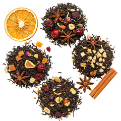 Four artfully composed piles of premium loose leaf black tea with vibrant dried orange, cranberries, rose hips, rose petals, nuts, star anise, cinnamon on a transparent flat lay, gourmet tea concept