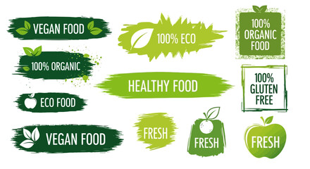 Collection of eco-friendly green labels and badges promoting healthy, organic, and natural food products with a rustic hand-drawn aesthetic for clean eating concepts and wellness brands